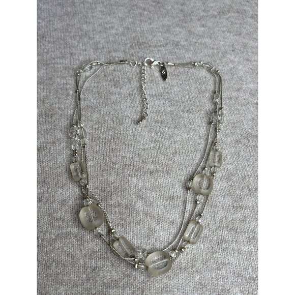 NY New York and Company 3 Strand Glass Beaded Necklace Clear Silvertone 16-18 in - Picture 4 of 5